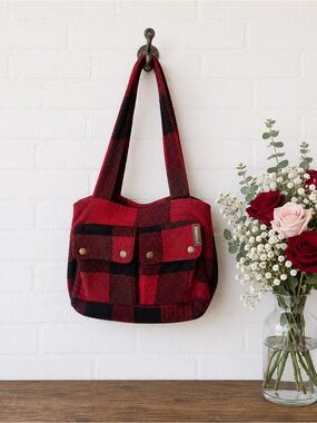 Brooklyn Industries Red & Black Plaid Shoulder Flannel Tote Bag